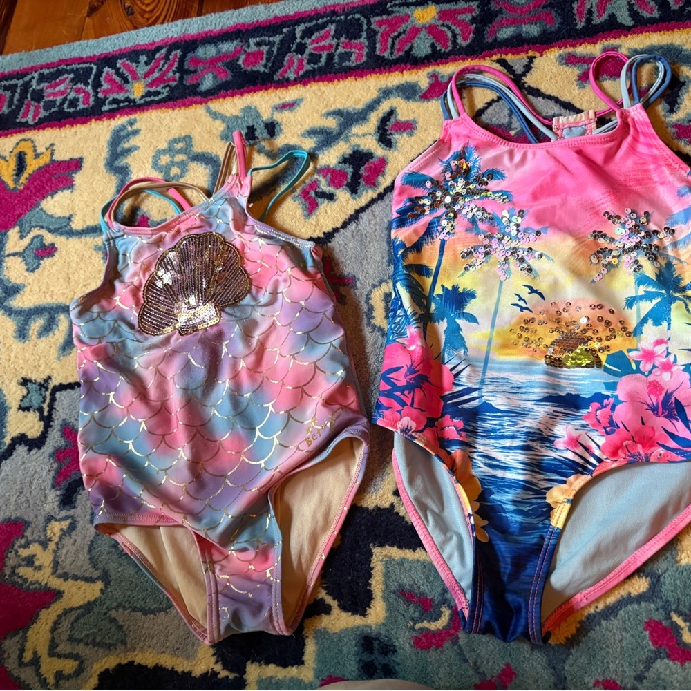 Betsey Johnson Girls Pink Mermaid Tropical One-Piece Swimsuits bundle lot 6